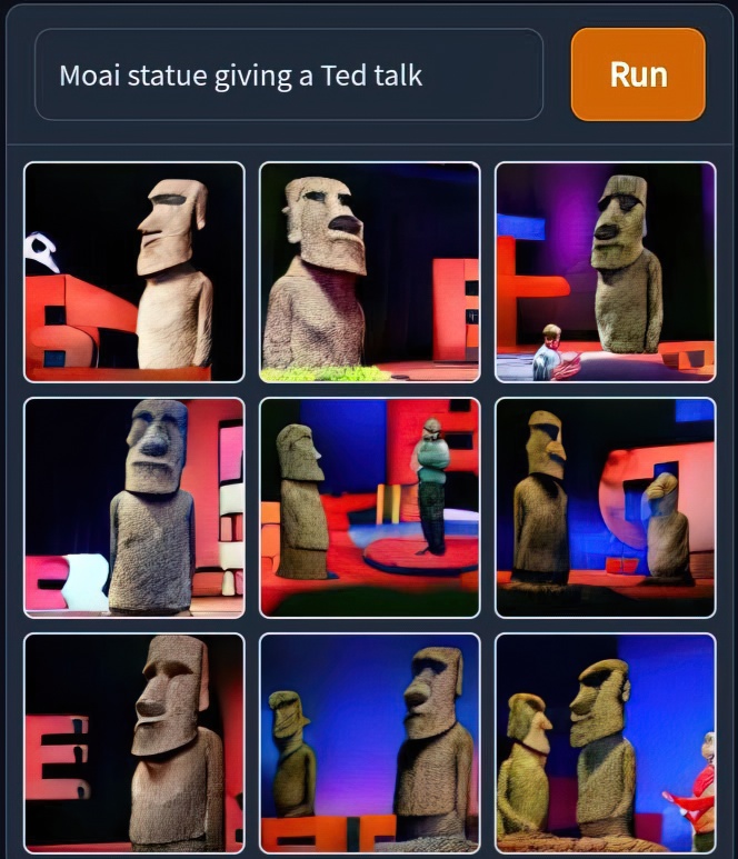 Moai statue giving a Ted talk, image generated by DALL-E Mini