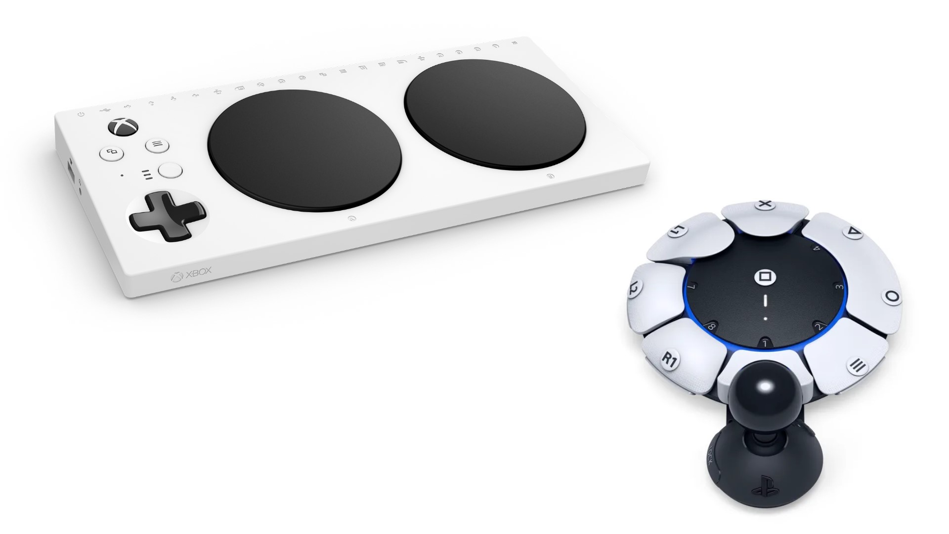 Xbox Adaptive Controller on the left, PS5 Accessibility Controller on the right